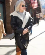 Jennifer Lawrence Black Shearling Leather Coat | Trendy Leather Jackets
