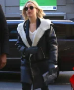 Jennifer Lawrence Black Shearling Leather Coat | Trendy Leather Jackets