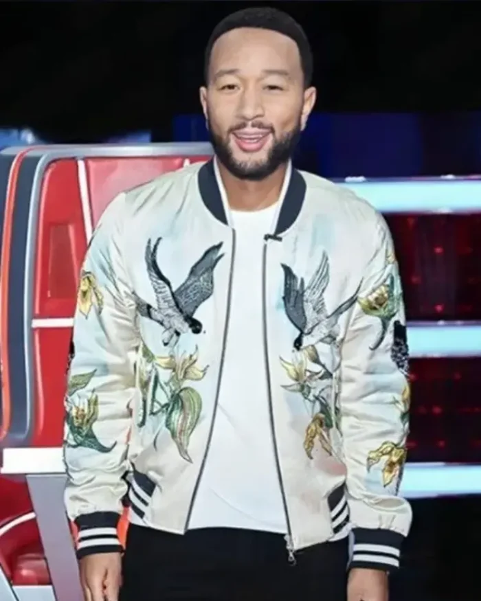 John Legend Embellished Bird Print Bomber Jacket | Trendy Leather Jackets