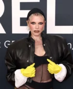 Julia Fox Grammys Red Carpet Black Bomber Jacket | Trendy Leather Jackets