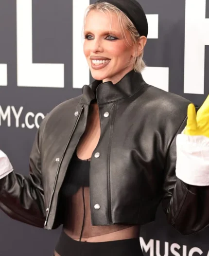Julia Fox Grammys Red Carpet Black Bomber Jacket | Trendy Leather Jackets