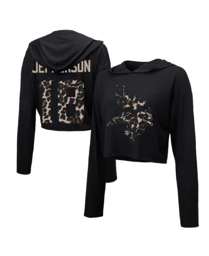 Justin Jefferson Majestic Threads Black Minnesota Vikings Leopard Cropped Hoodie | Trendy Leather Jackets
