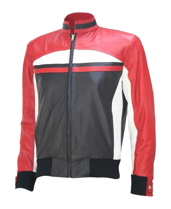 Kanyu Red Black Leather Bomber Jacket | Trendy Leather Jackets