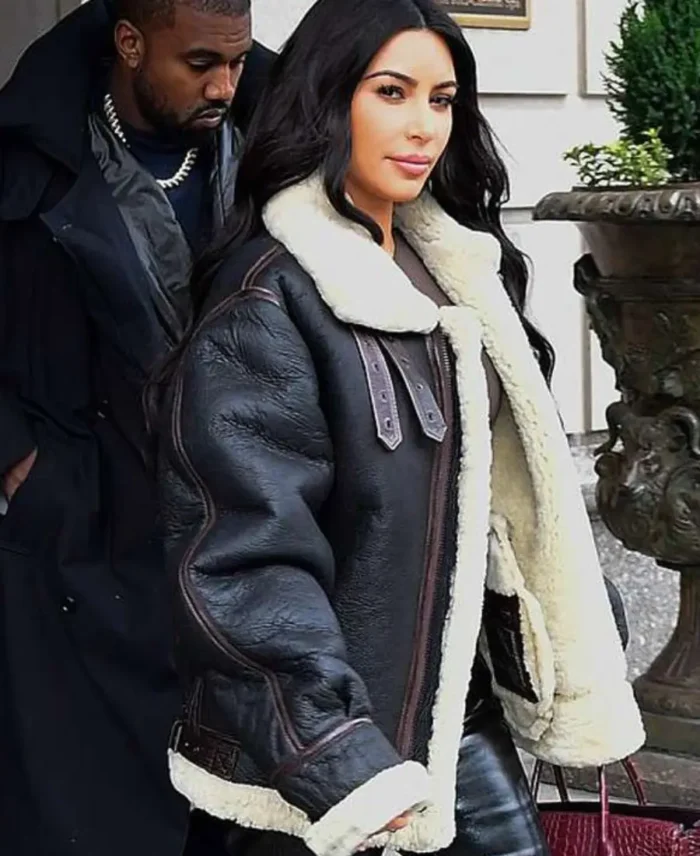 Kim Kardashian Black Leather Aviator Jacket | Trendy Leather Jackets