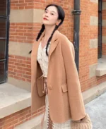 Lace Made Autumn Apricot Wool Coat | Trendy Leather Jackets