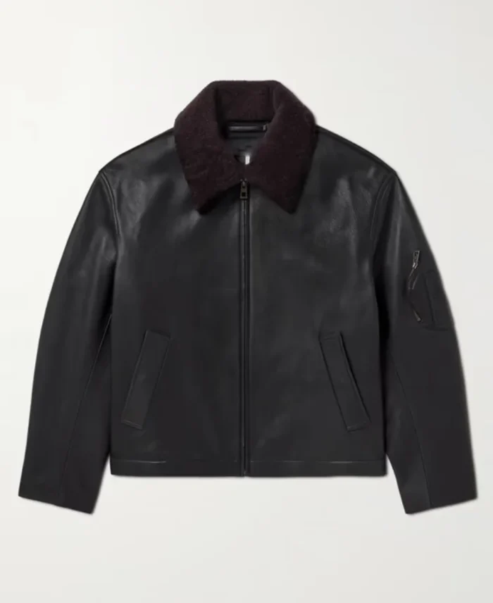 Loewe Appliqued Shearling Trimmed Black Leather Jacket | Trendy Leather Jackets