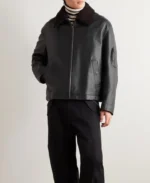 Loewe Appliqued Shearling Trimmed Black Leather Jacket | Trendy Leather Jackets