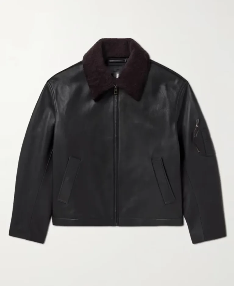 Loewe Appliqued Shearling Trimmed Black Leather Jacket | Trendy Leather Jackets