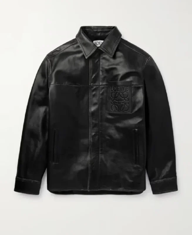 Loewe Logo Embossed Distressed Black Leather Jacket | Trendy Leather Jackets