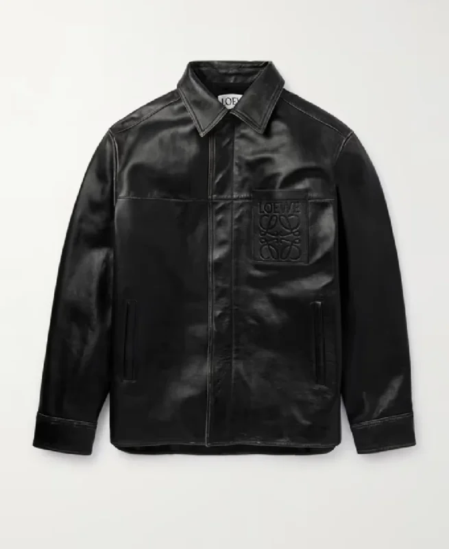 Loewe Logo Embossed Distressed Black Leather Jacket | Trendy Leather Jackets