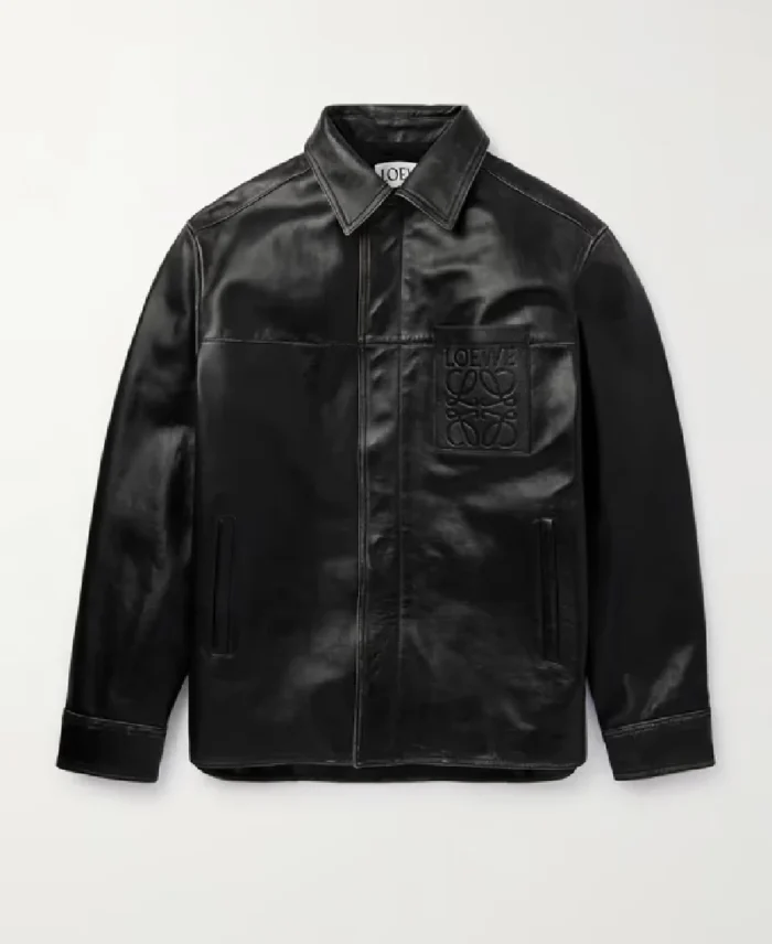 Loewe Logo Embossed Distressed Black Leather Jacket | Trendy Leather Jackets