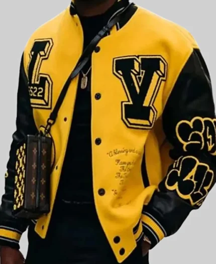 Men’s LV Yellow Letterman Varsity Jacket | Trendy Leather Jackets