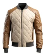 Men's Beige Sheepskin Diamond Quilted Bomber Jacket | Trendy Leather Jackets