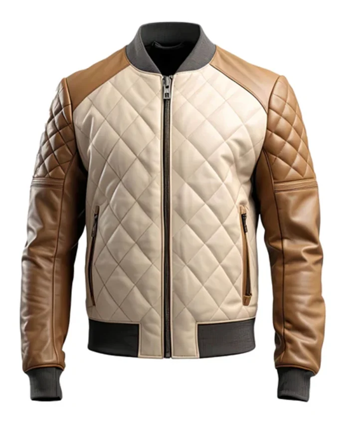 Men's Beige Sheepskin Diamond Quilted Bomber Jacket | Trendy Leather Jackets