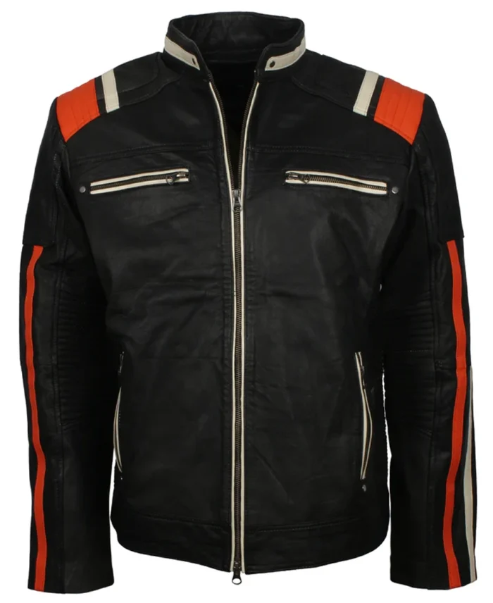 Mens Cafe Racer Striped Black Retro Biker Jacket | Trendy Leather Jackets
