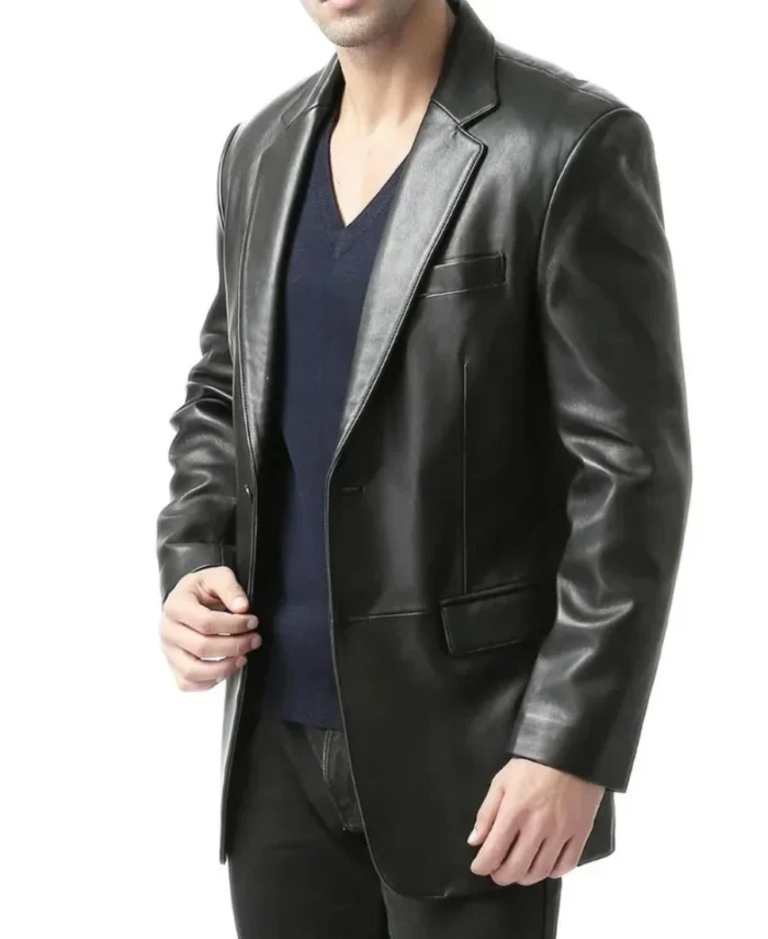 Men's Classic Two Button Black Leather Blazer Jacket | Trendy Leather Jackets