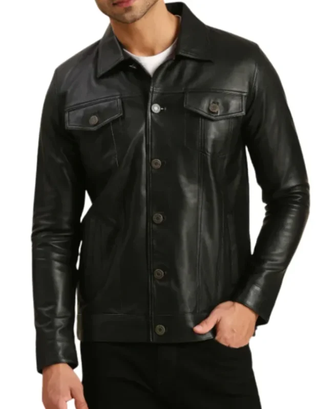 Men's Holland Black Leather Trucker Jacket | Trendy Leather Jackets