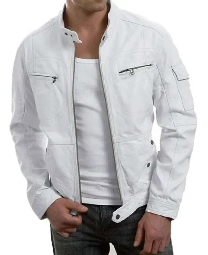 Men's White Racer Leather Jacket | Trendy Leather Jackets