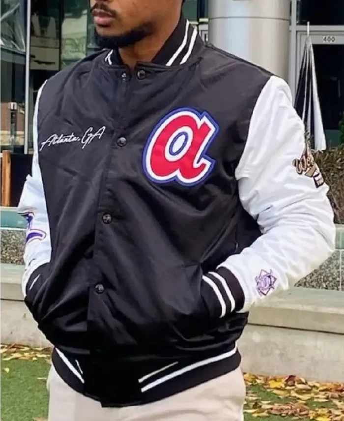 MLB Atlanta Braves Black and White Satin Jacket | Trendy Leather Jackets