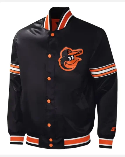 MLB Baltimore Orioles Starter Black Midfield Satin Varsity Jacket | Trendy Leather Jackets