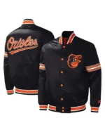 MLB Baltimore Orioles Starter Black Midfield Satin Varsity Jacket | Trendy Leather Jackets
