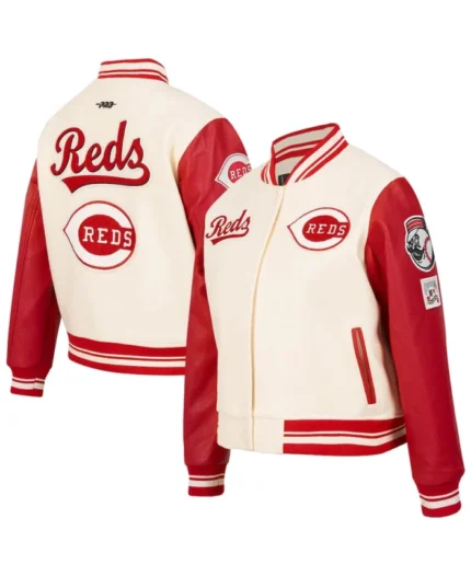 MLB Cincinnati Reds Cream Retro Classic Varsity Jacket | Trendy Leather Jackets