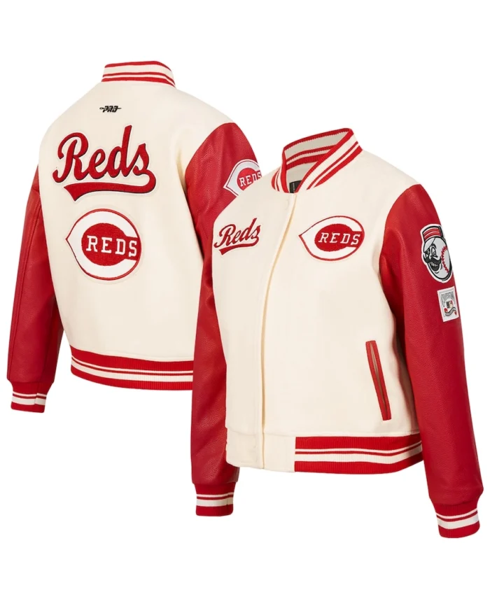 MLB Cincinnati Reds Cream Retro Classic Varsity Jacket | Trendy Leather Jackets