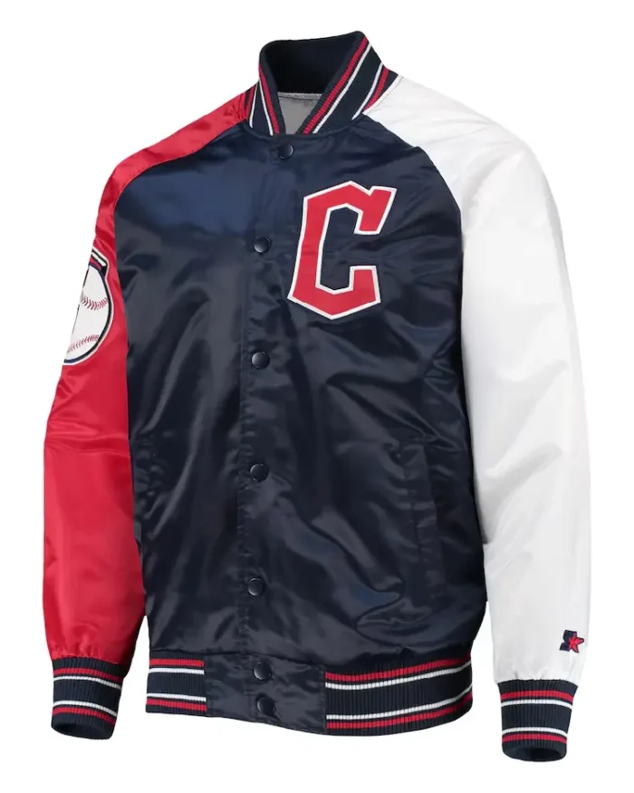 MLB Cleveland Guardians Starter Reliever Varsity Satin Jacket | Trendy Leather Jackets