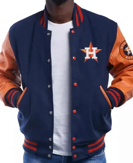 MLB Houston Astros Letterman Blue and Orange Jacket | Trendy Leather Jackets