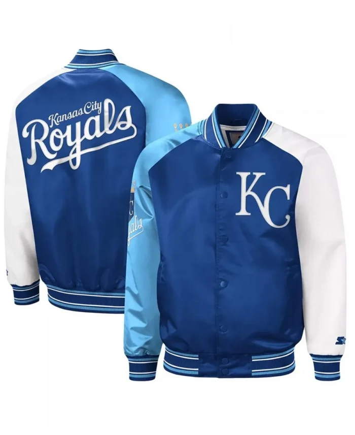 MLB Kansas City Royals Reliever Royal and Light Blue Varsity Satin Jacket | Trendy Leather Jackets