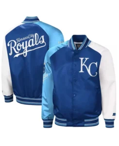 MLB Kansas City Royals Reliever Royal and Light Blue Varsity Satin Jacket | Trendy Leather Jackets