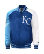 MLB Kansas City Royals Reliever Royal and Light Blue Varsity Satin Jacket | Trendy Leather Jackets