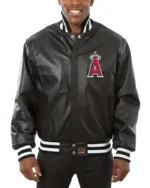 MLB Los Angeles Angels Black Leather Varsity Jacket | Trendy Leather Jackets