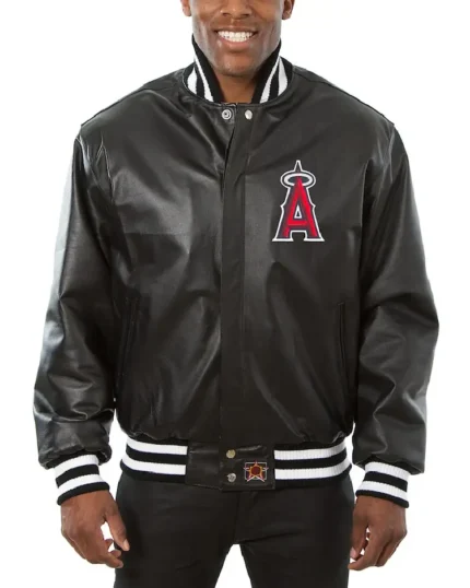 MLB Los Angeles Angels Black Leather Varsity Jacket | Trendy Leather Jackets