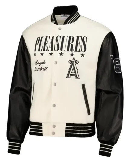 MLB Los Angeles Angels Pleasures White Varsity Jacket | Trendy Leather Jackets