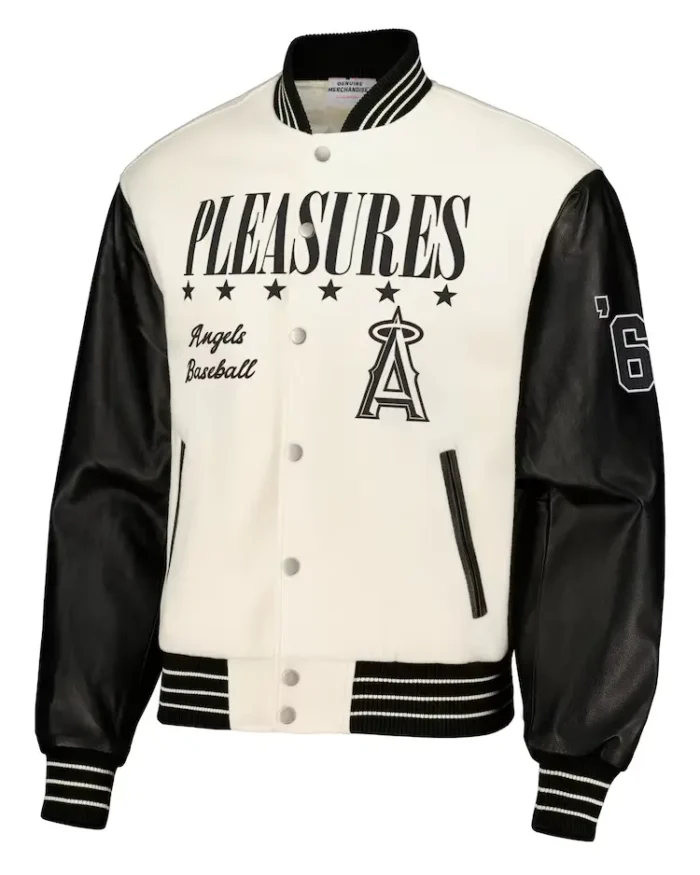 MLB Los Angeles Angels Pleasures White Varsity Jacket | Trendy Leather Jackets