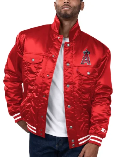 MLB Los Angeles Angels Starter x Levi's Red Satin Trucker Jacket | Trendy Leather Jackets