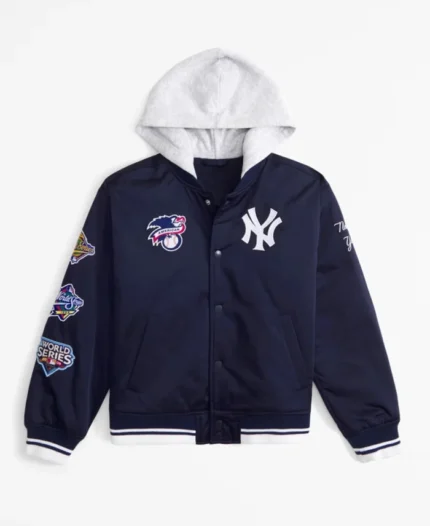 MLB New York Yankees Navy Hooded Bomber Jacket | Trendy Leather Jackets