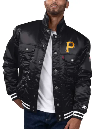 MLB Pittsburgh Pirates Starter X Levi's Black Silver Tab Satin Trucker Jacket | Trendy Leather Jackets