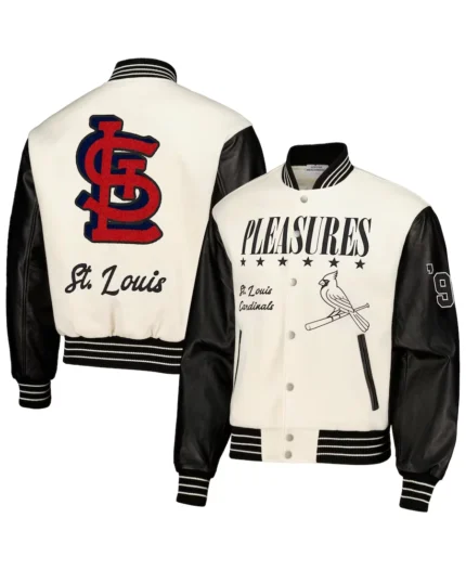 MLB St. Louis Cardinals Pleasures White Varsity Jacket | Trendy Leather Jackets