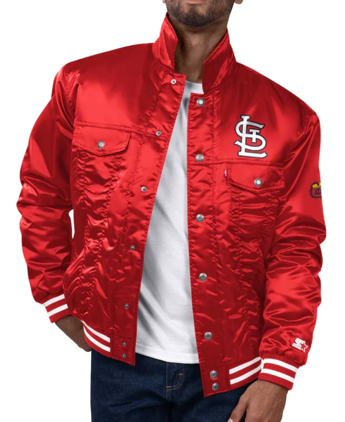 MLB St. Louis Cardinals Starter X Levi's Red Satin Trucker Jacket | Trendy Leather Jackets