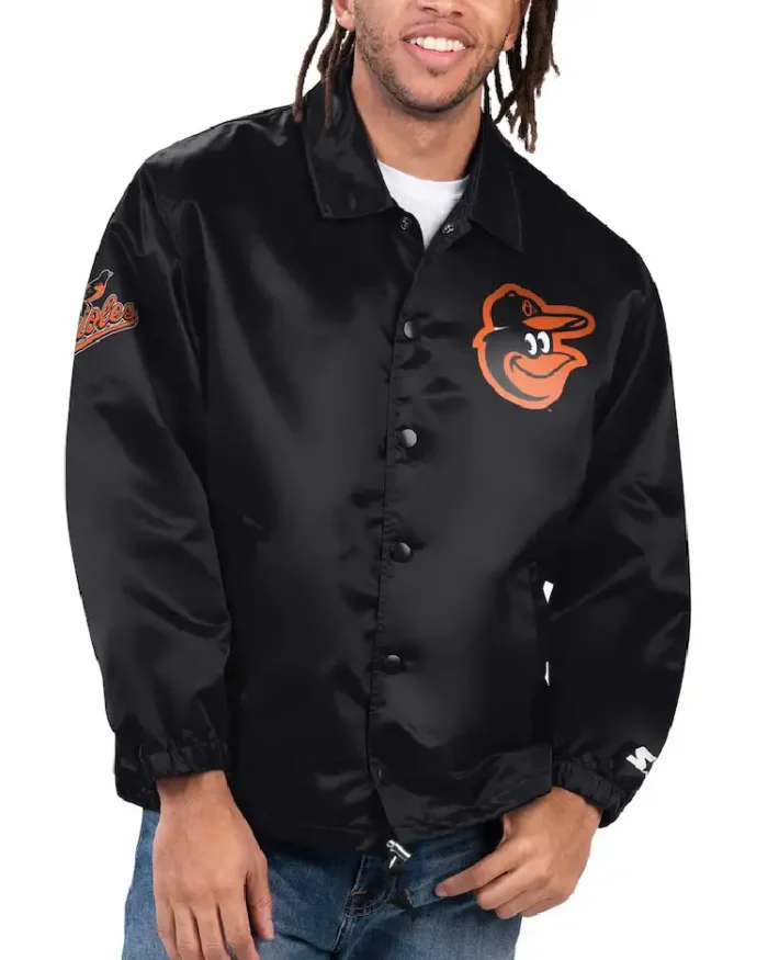 MLB Starter Black Baltimore Orioles Option Route Satin Jacket | Trendy Leather Jackets