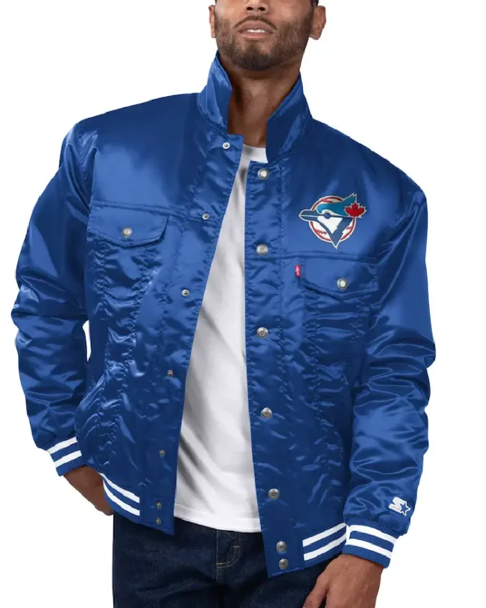 MLB Starter x Levi's Royal Toronto Blue Jays Satin Trucker Jacket | Trendy Leather Jackets
