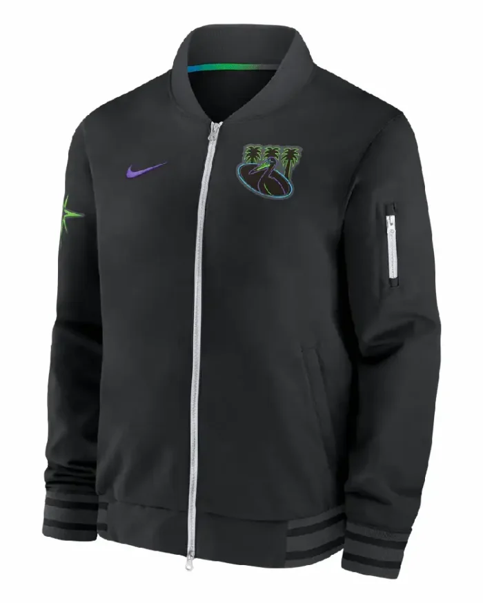 MLB Tampa Bay Rays Nike Black City Connect Pelican Bomber Jacket | Trendy Leather Jackets