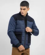 Navy Blue Contrasting Wool Puffer Jacket | Trendy Leather Jackets