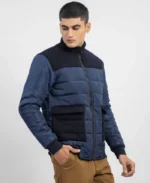 Navy Blue Contrasting Wool Puffer Jacket | Trendy Leather Jackets