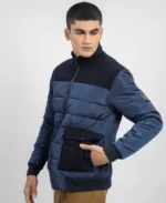 Navy Blue Contrasting Wool Puffer Jacket | Trendy Leather Jackets
