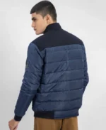 Navy Blue Contrasting Wool Puffer Jacket | Trendy Leather Jackets