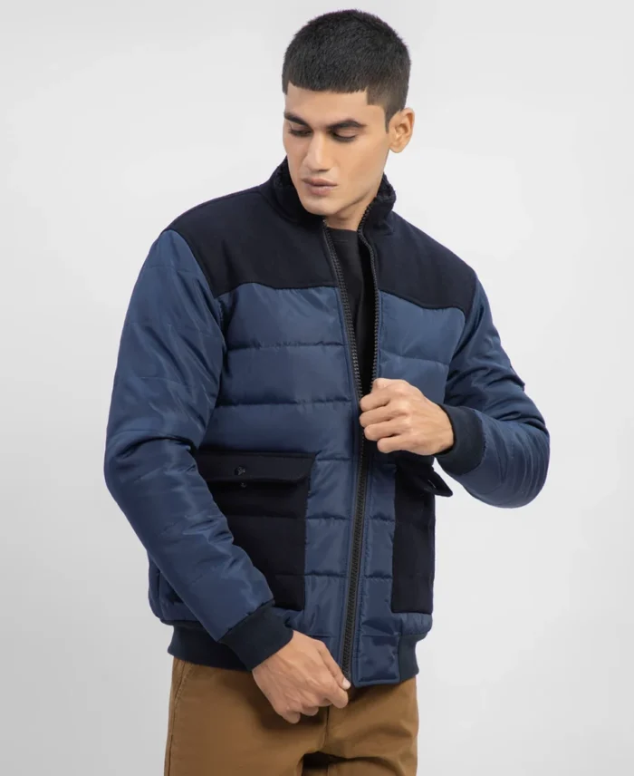 Navy Blue Contrasting Wool Puffer Jacket | Trendy Leather Jackets