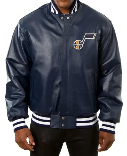 NBA Utah Jazz Navy Bomber Leather Jacket | Trendy Leather Jackets